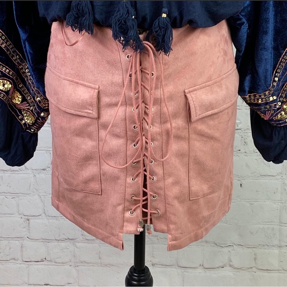 Fantastic Fawn Pink Faux Suede Lace Up Mini Skirt - Picture 1 of 2